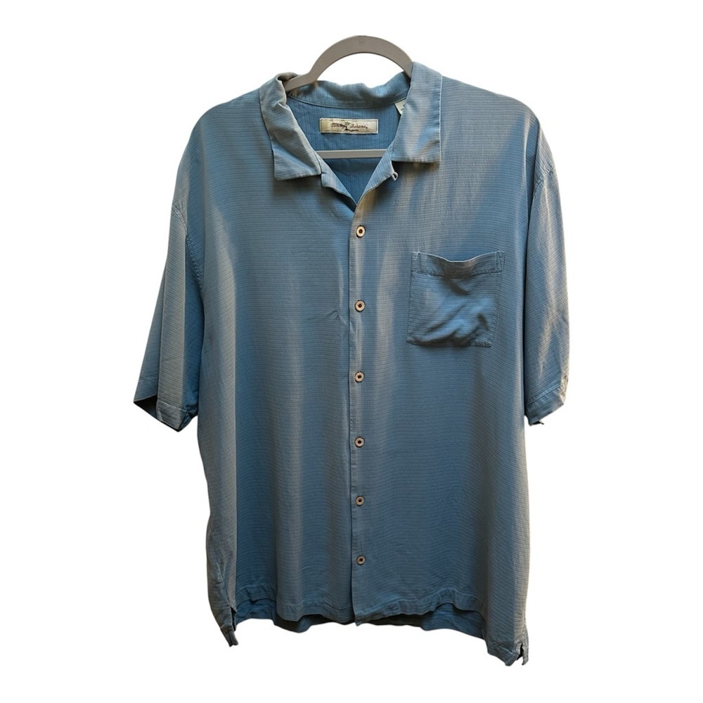 Blue Silk Short-Sleeve Button-Up Shirt